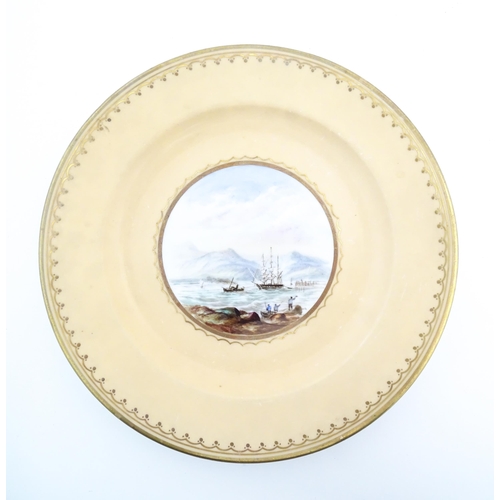 100 - Three hand painted plates depicting landscape scenes, to include a seascape with ships / boats, a la... 