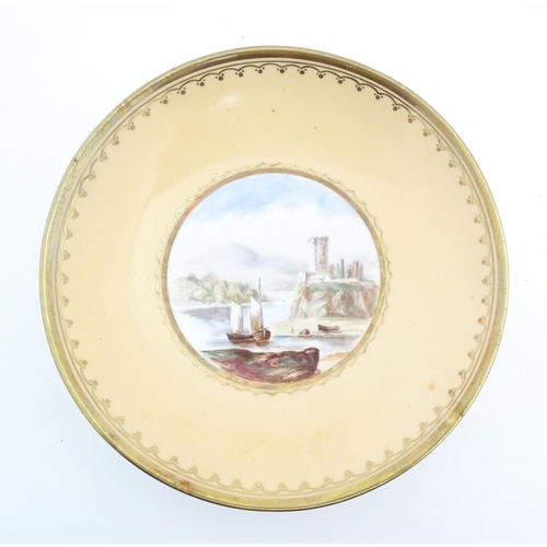 100 - Three hand painted plates depicting landscape scenes, to include a seascape with ships / boats, a la... 