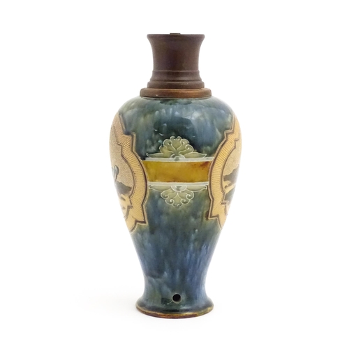 111 - A Doulton Lambeth Florence Barlow stoneware lamp base of vase form, the mottled blue ground decorate... 