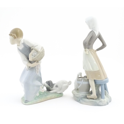 121 - Two Lladro figures comprising Girl with Milk Pail, no. 4682, and Naughty Dog, 4982. Marked under. La... 