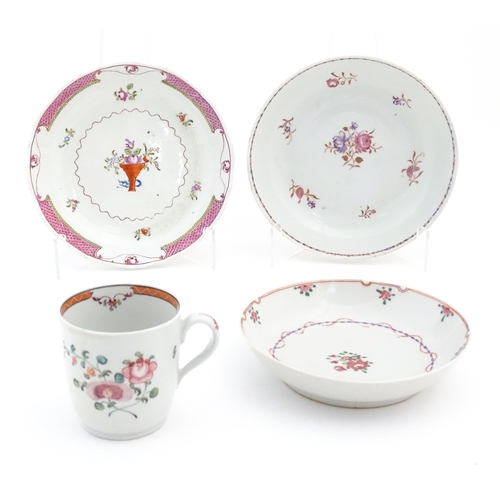 144 - Four 19thC ceramic items in the manner of New Hall, comprising cup, saucer and dishes, decorated wit... 