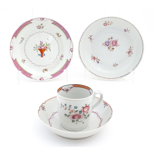 144 - Four 19thC ceramic items in the manner of New Hall, comprising cup, saucer and dishes, decorated wit... 