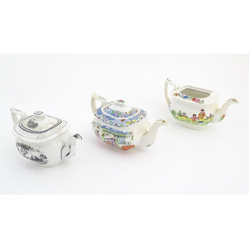 166 - Three London shape teapots, two with chinoiserie style decoration, the other with bat ware style dec... 