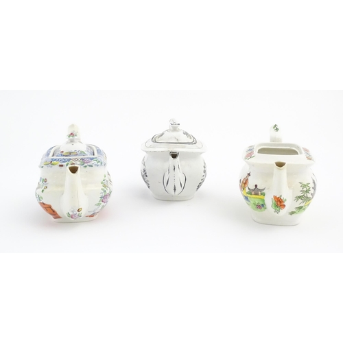 166 - Three London shape teapots, two with chinoiserie style decoration, the other with bat ware style dec... 