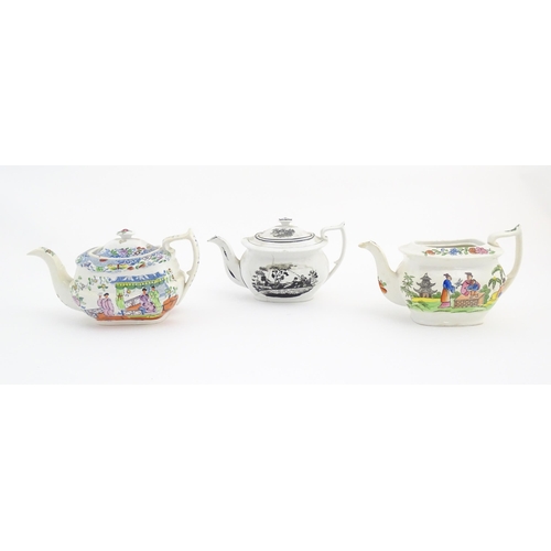 166 - Three London shape teapots, two with chinoiserie style decoration, the other with bat ware style dec... 