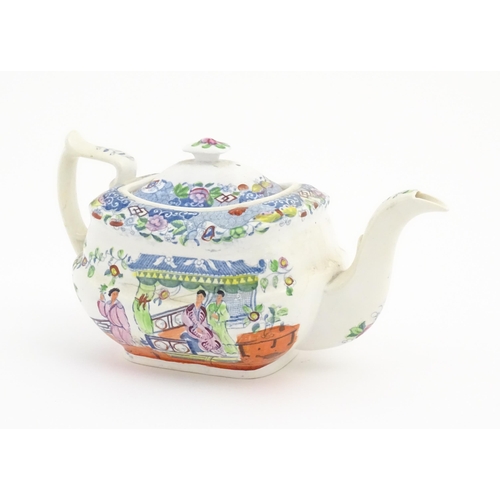 166 - Three London shape teapots, two with chinoiserie style decoration, the other with bat ware style dec... 