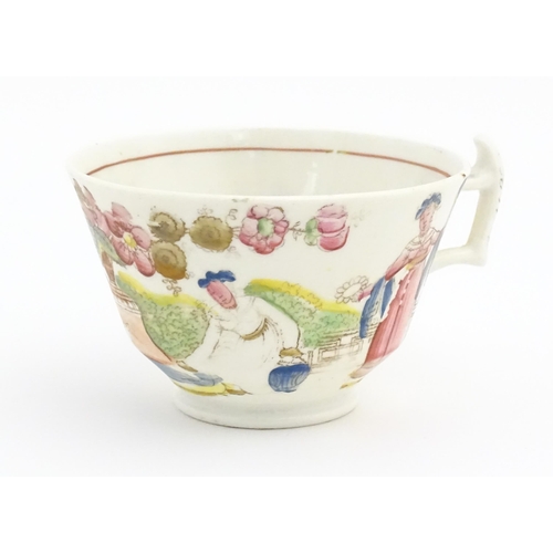 172 - A 19thC tea cup and saucer depicting figures by a fountain with flowers, birds and dog. In the manne... 