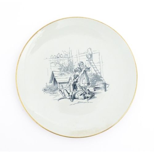 173 - A Pinder, Bourne & Co. transfer printed plate depicting children in a farmyard with chickens and a d... 