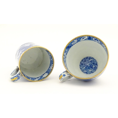 174 - A Spode blue and white tea cup, coffee cup and saucer decorated in the Love Chase pattern, with gilt... 