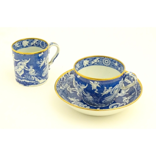 174 - A Spode blue and white tea cup, coffee cup and saucer decorated in the Love Chase pattern, with gilt... 