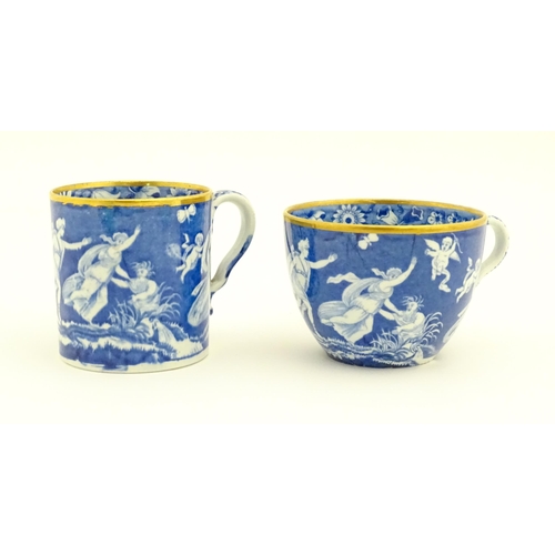 174 - A Spode blue and white tea cup, coffee cup and saucer decorated in the Love Chase pattern, with gilt... 