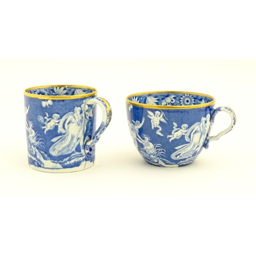 174 - A Spode blue and white tea cup, coffee cup and saucer decorated in the Love Chase pattern, with gilt... 