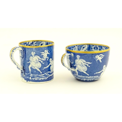 174 - A Spode blue and white tea cup, coffee cup and saucer decorated in the Love Chase pattern, with gilt... 