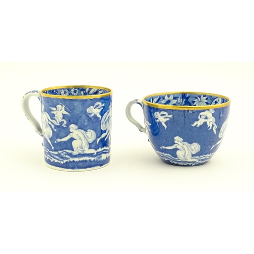 174 - A Spode blue and white tea cup, coffee cup and saucer decorated in the Love Chase pattern, with gilt... 