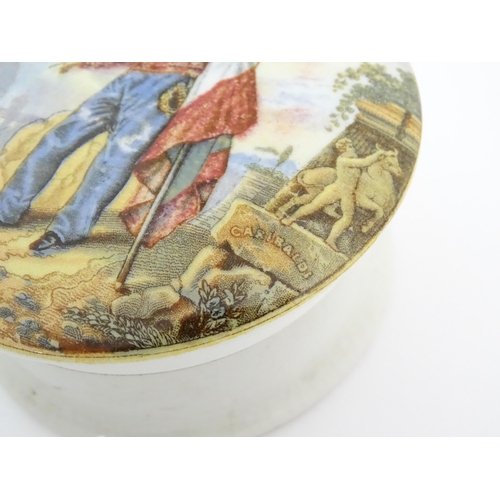 176 - Six Prattware pot lids comprising Pegwell Bay, The Village Wedding, Garibaldi, The Game Bag, Peace a... 