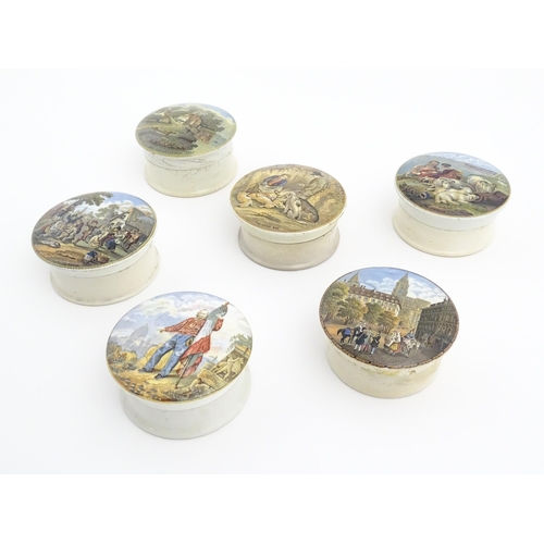 176 - Six Prattware pot lids comprising Pegwell Bay, The Village Wedding, Garibaldi, The Game Bag, Peace a... 