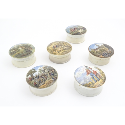 176 - Six Prattware pot lids comprising Pegwell Bay, The Village Wedding, Garibaldi, The Game Bag, Peace a... 