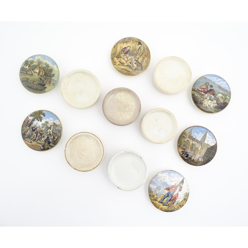 176 - Six Prattware pot lids comprising Pegwell Bay, The Village Wedding, Garibaldi, The Game Bag, Peace a... 