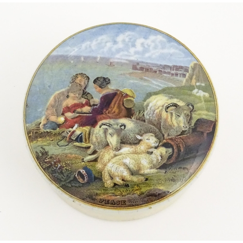 176 - Six Prattware pot lids comprising Pegwell Bay, The Village Wedding, Garibaldi, The Game Bag, Peace a... 