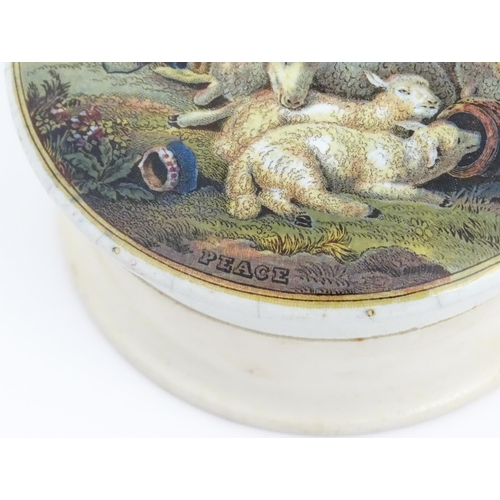 176 - Six Prattware pot lids comprising Pegwell Bay, The Village Wedding, Garibaldi, The Game Bag, Peace a... 