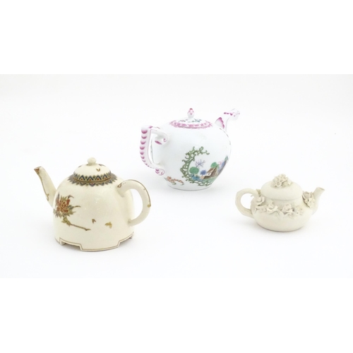 180 - Three miniature / small teapots comprising a bisque miniature teapot with applied flowers, a H M Wil... 