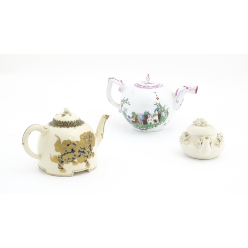 180 - Three miniature / small teapots comprising a bisque miniature teapot with applied flowers, a H M Wil... 