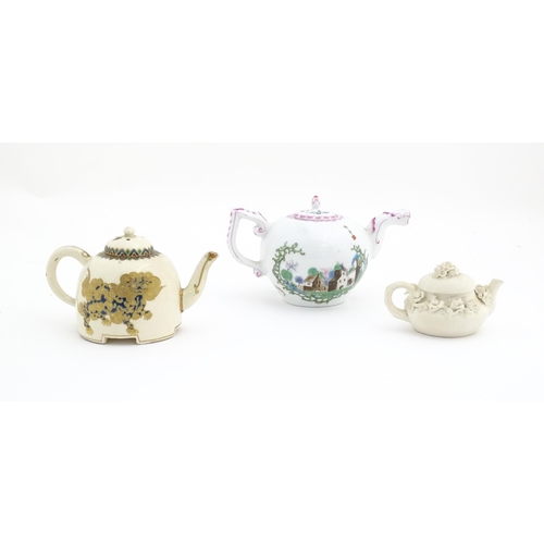 180 - Three miniature / small teapots comprising a bisque miniature teapot with applied flowers, a H M Wil... 