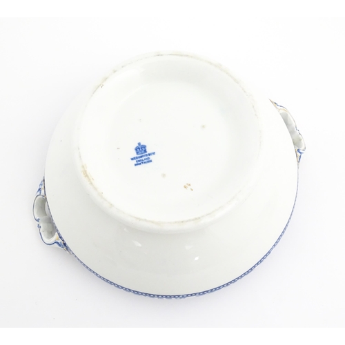 186 - A Wedgwood & Co. blue and white soup tureen and ladle with transfer decoration in
the Hawthorn patte... 