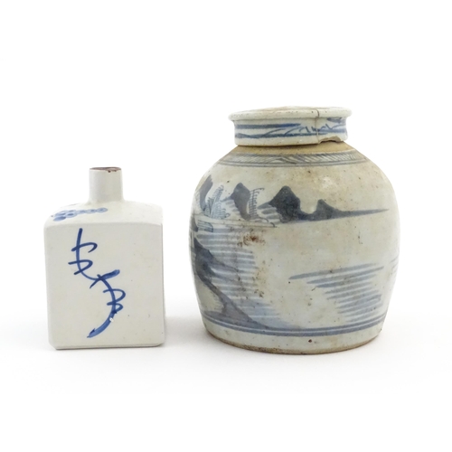 41 - A Chinese blue and white ginger jar and cover with brushwork landscape decoration. Together with a s... 