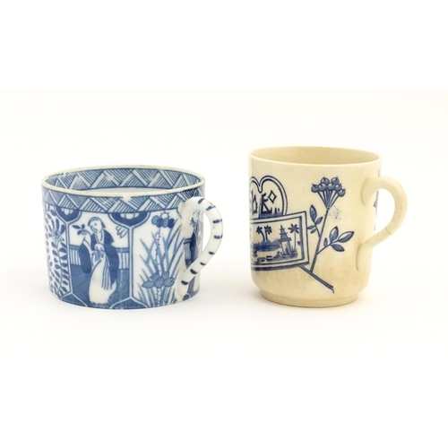 46 - A blue and white tea cup and saucer decorated in the Long Eliza pattern. Together with another tea c... 