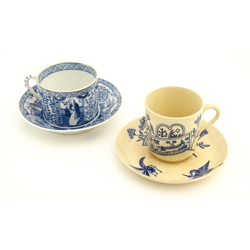 46 - A blue and white tea cup and saucer decorated in the Long Eliza pattern. Together with another tea c... 