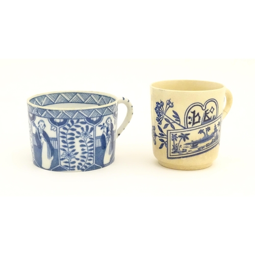 46 - A blue and white tea cup and saucer decorated in the Long Eliza pattern. Together with another tea c... 