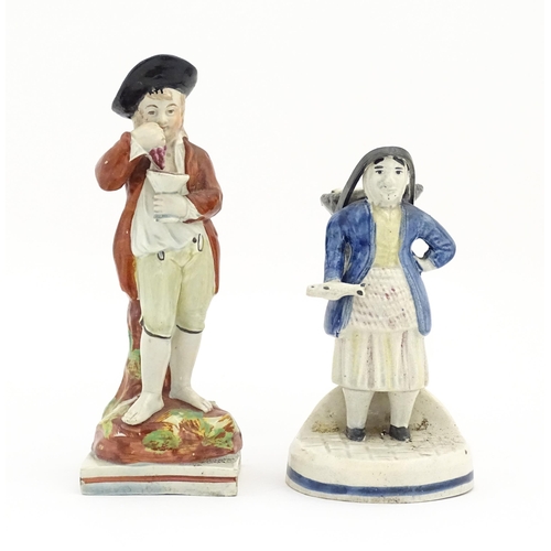 56 - Two 19thC figures comprising a Staffordshire Seasons figure modelled as Autumn, standing with grapes... 