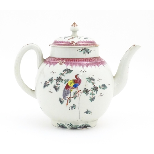 64 - A 19thC teapot with hand painted Asiatic pheasant style bird detail. With various collection / aucti... 