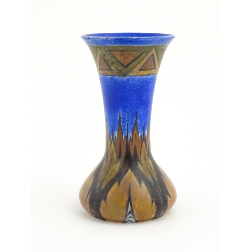 79 - An Art Deco Clews & Co. Chameleon ware vase with flared rim decorated in the Blue Flame pattern. Mar... 