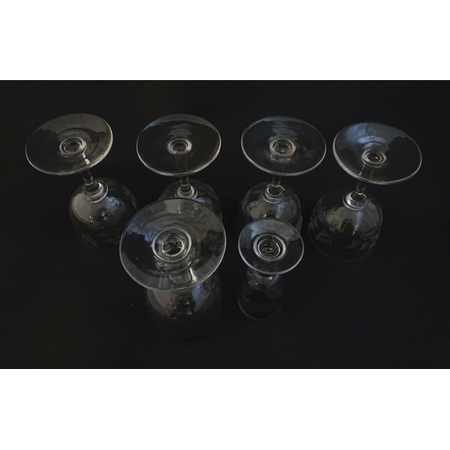 220 - 6 assorted 19thC and later pedestal drinking glasses, some with engraved fern decoration. The talles... 