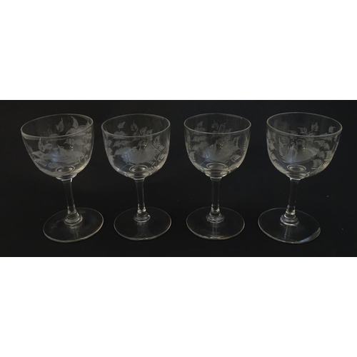 220 - 6 assorted 19thC and later pedestal drinking glasses, some with engraved fern decoration. The talles... 