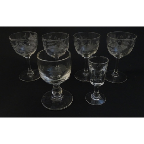 220 - 6 assorted 19thC and later pedestal drinking glasses, some with engraved fern decoration. The talles... 