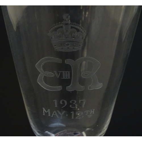 228 - An Edward VIII  commemorative coronation pedestal drinking glass with blue, white and red coloured t... 