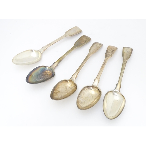 307 - Five assorted 19thC silver Fiddle pattern dessert spoons comprising two hallmarked London 1820 maker... 