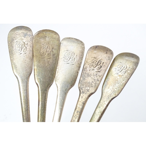 307 - Five assorted 19thC silver Fiddle pattern dessert spoons comprising two hallmarked London 1820 maker... 