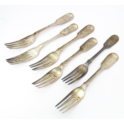 309 - Six 19thC silver Fiddle pattern table forks comprising three Hallmarked London 1842 and one hallmark... 