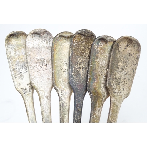 309 - Six 19thC silver Fiddle pattern table forks comprising three Hallmarked London 1842 and one hallmark... 