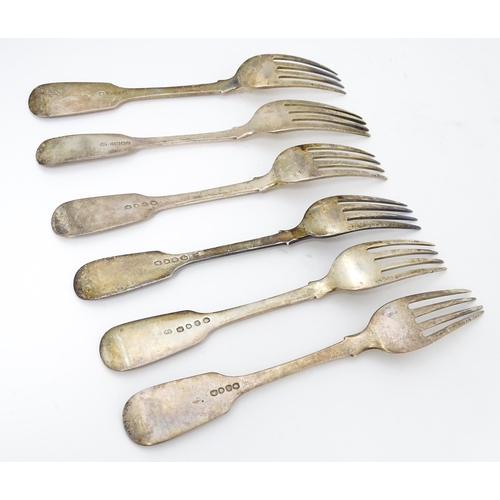 309 - Six 19thC silver Fiddle pattern table forks comprising three Hallmarked London 1842 and one hallmark... 