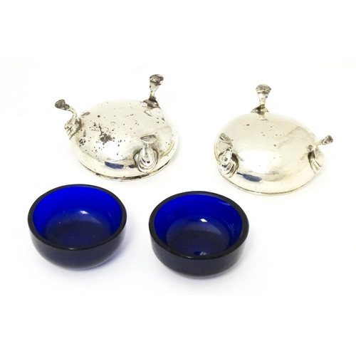 311 - A pair of Geo III silver salts with blue glass liners. London 1764 maker David Mowden 2 1/2