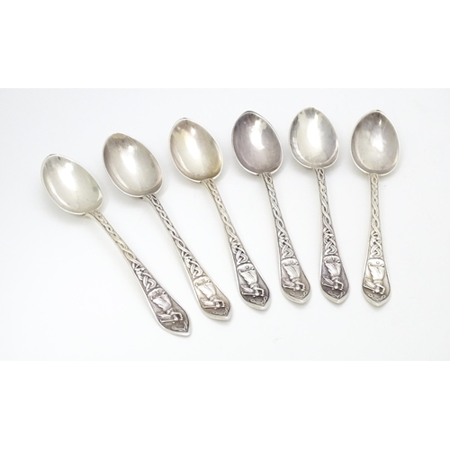 364 - Six Scottish Celtic point teaspoons with Celtic decoration and unusually decorated with image to han... 