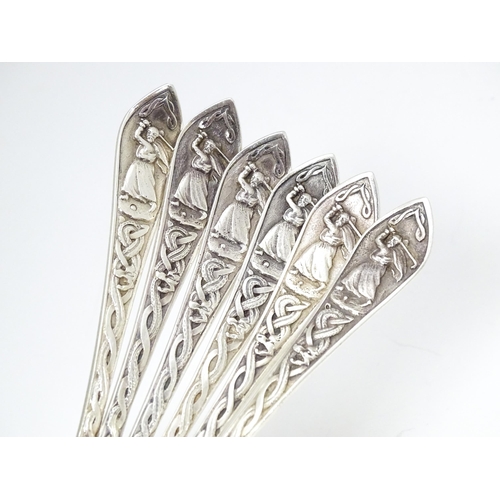 364 - Six Scottish Celtic point teaspoons with Celtic decoration and unusually decorated with image to han... 