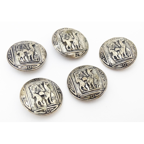 389 - Five Peruvian silver buttons depicting llamas / alpacas. Stamped Peru 925 Together with a small Mexi... 