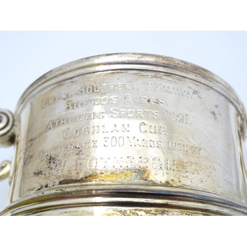 430 - A Victorian silver twin handled trophy cup engraved ' Great Southern Railway Buenos Aires. Athletic ... 