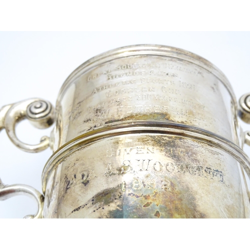 430 - A Victorian silver twin handled trophy cup engraved ' Great Southern Railway Buenos Aires. Athletic ... 